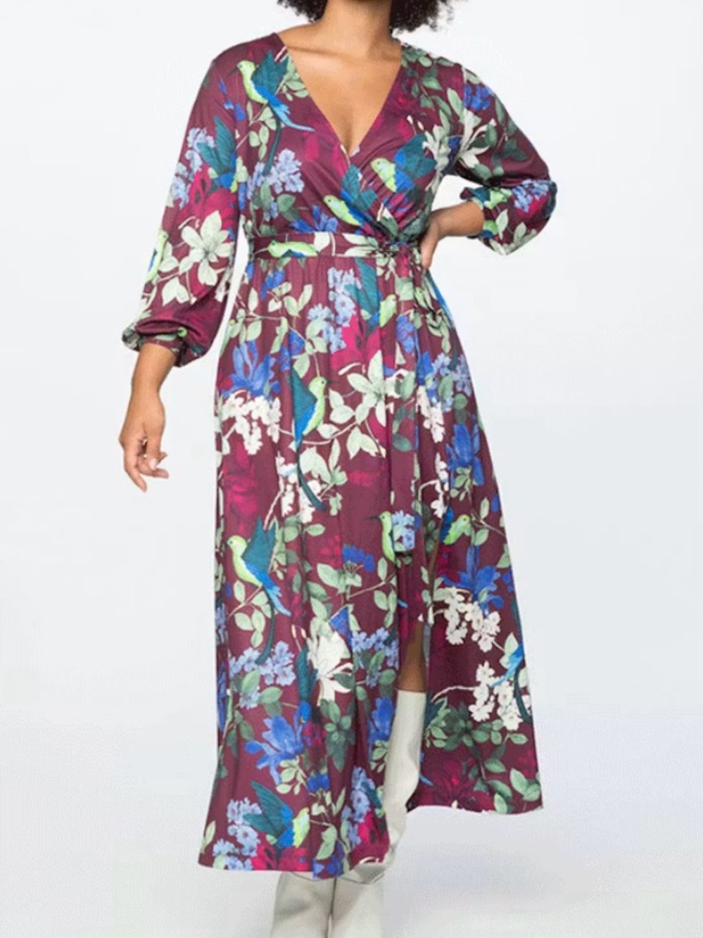 ELOQUII Women's Plus Size Floral Bird Wrap Maxi Dress V-Neck Long Sleeve Size 16